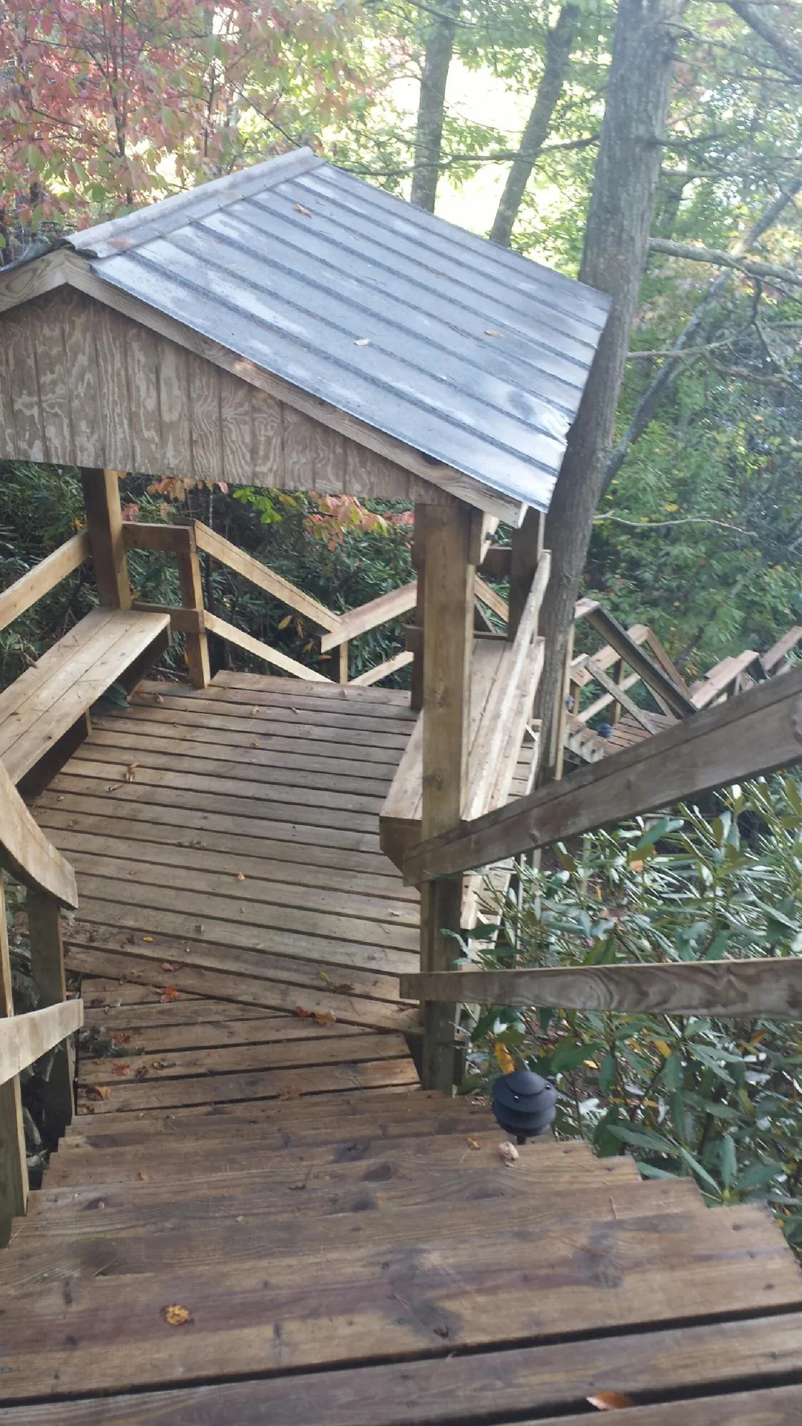 Metal roofed shelter over wooden steps on a wooded walkway — Skylight Repair & Installation work by our crew in Pearland